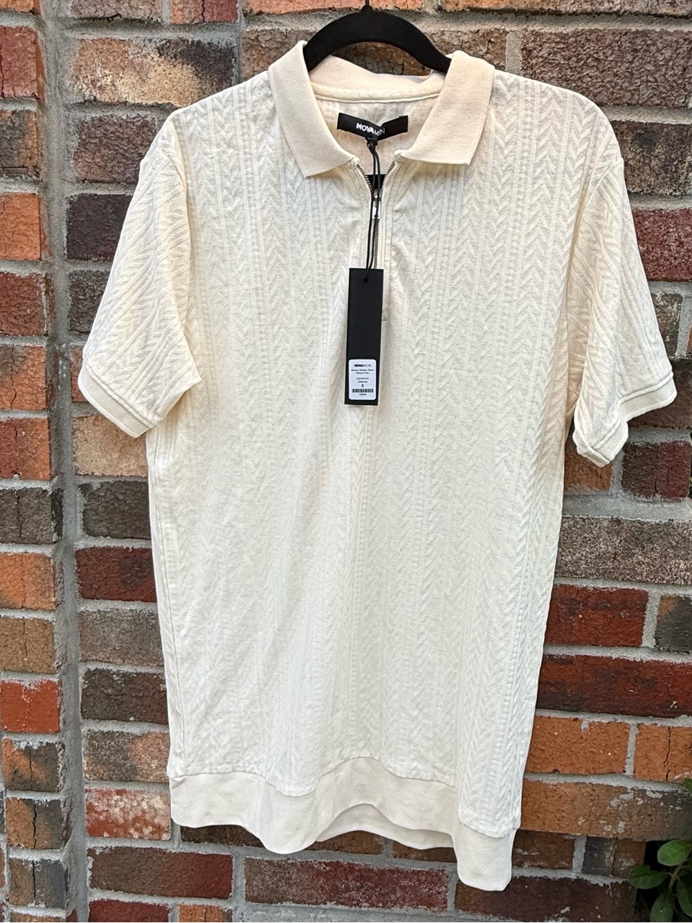 NOVA MEN Men's Ivory Geometric Polo Short Sleeve Zip Collar Small